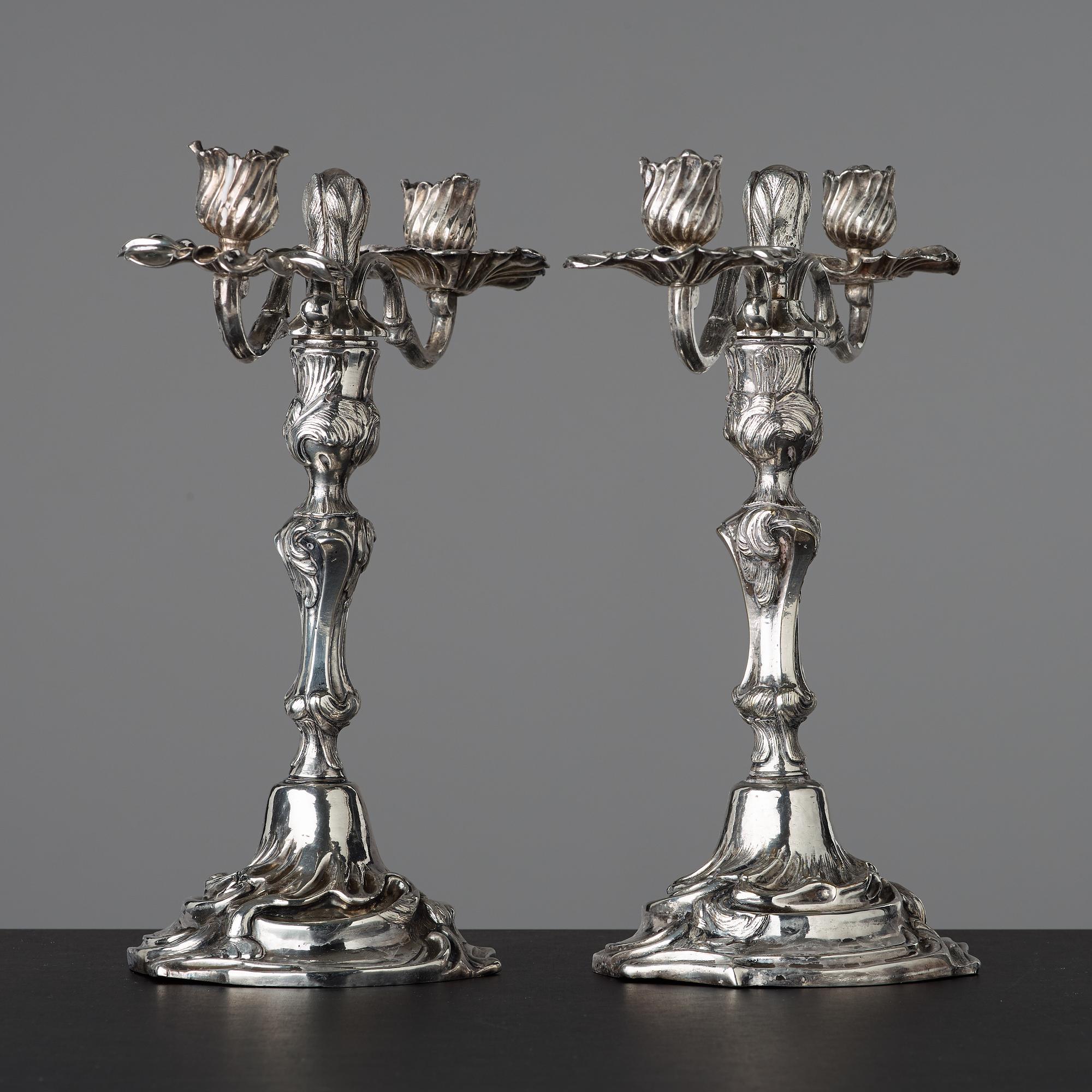 KANDELABRAR, för två ljus, Sverige, 1700-talets andra hälft, rokoko.