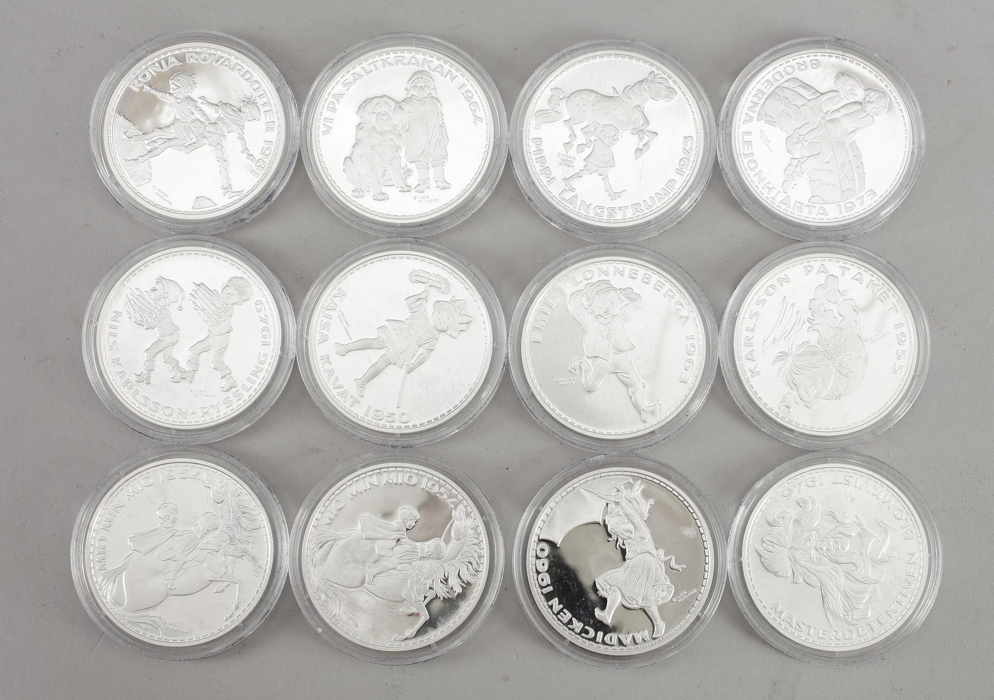 MYNT, 14 st, silver, "Bevara Astrid Lindgrens barnvärld", 1900/2000-tal. Total vikt ca 370 gram.