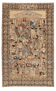305. A Persian Kerman Laver 'Mashahir' (The rulers of the world) rug, c. 230 x 143 cm.