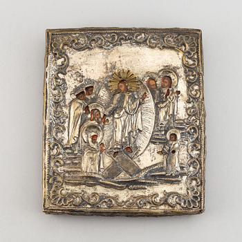 A russian icon with ochlad, rempera on panel, 19th Century.