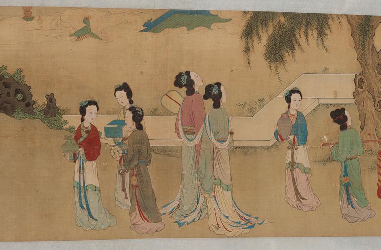 A fine painting of 100 ladies and attendants in a palace garden, and with calligraphy, late Qing dynasty (1644-1912).