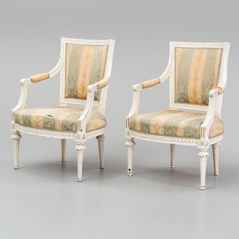 A pair of Gustavian armchairs by  Ephraim Ståhl (master in Stockholm 1794-1820), late 18th century.