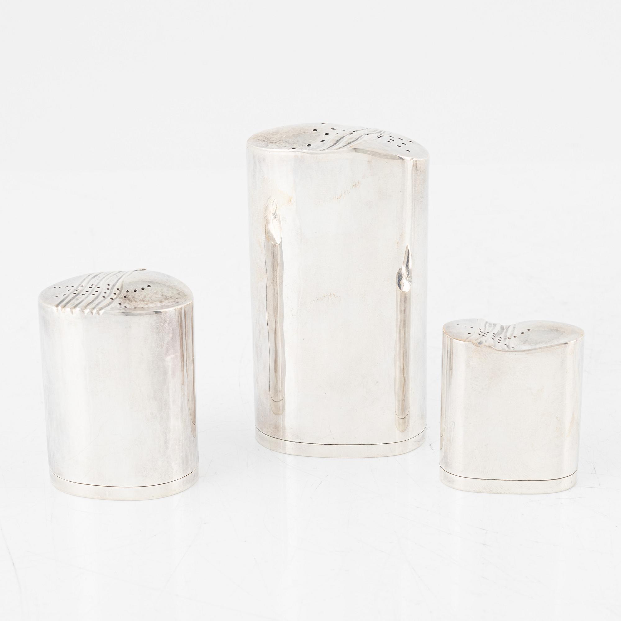 Josefine Davidsson, a sugar caster, a salt & pepper and a vase, Josefine Davidsson Silversmide, Stockholm, 1985-1998.
