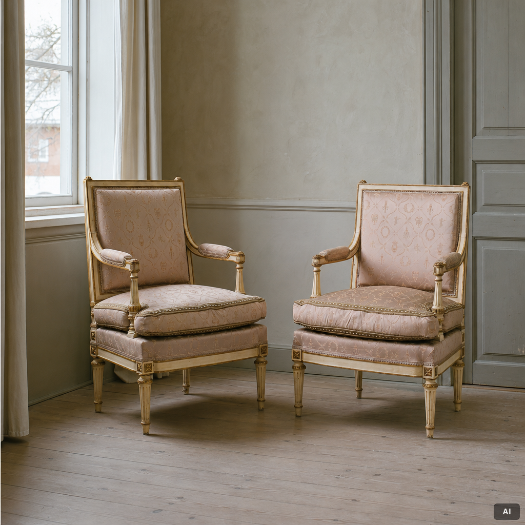 Karmstolar, ett par, Directoire-stil, omkring år 1900.