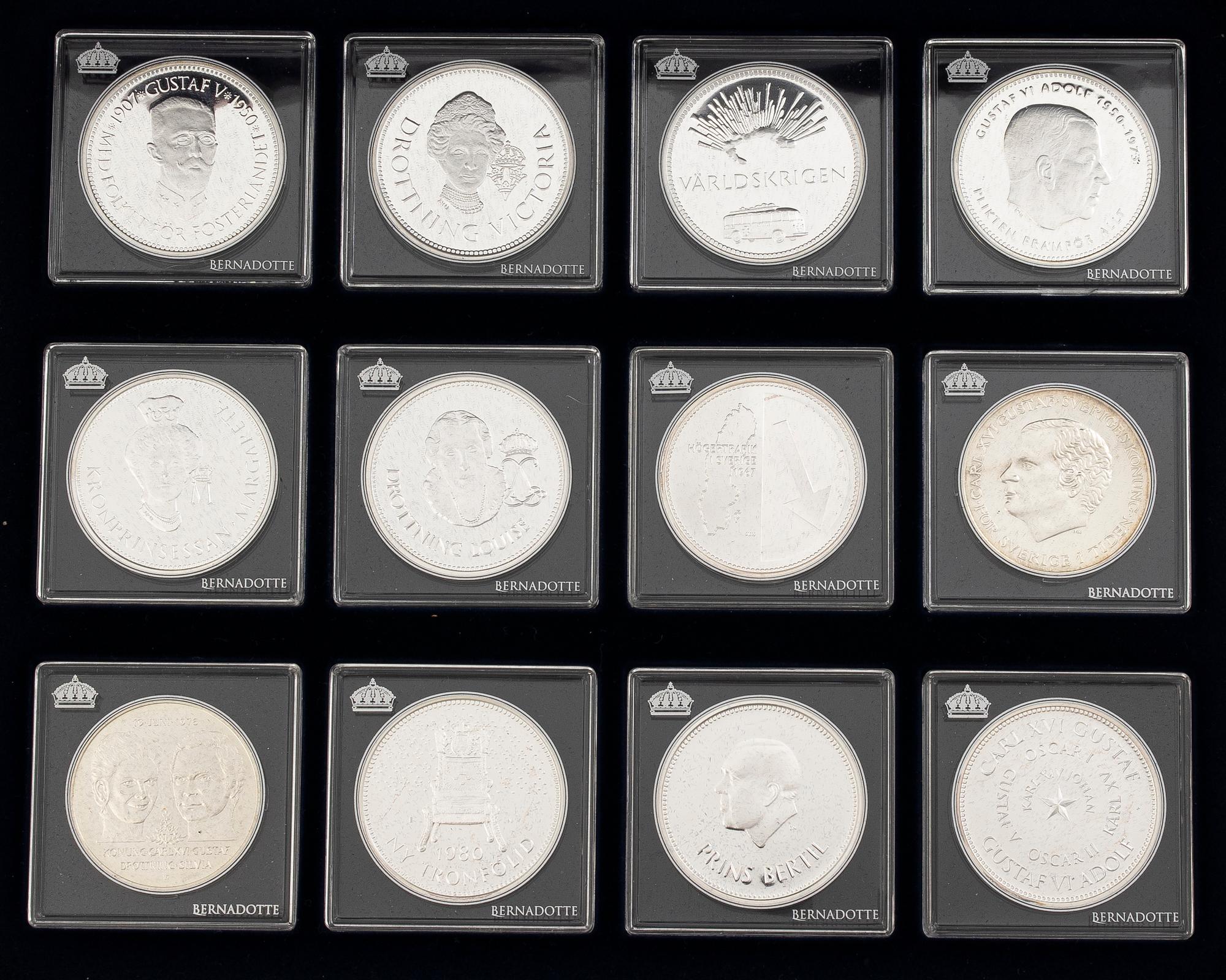 Medals, 24, silver .925, “The Bernadotte Dynasty”, Mynthuset Sverige.