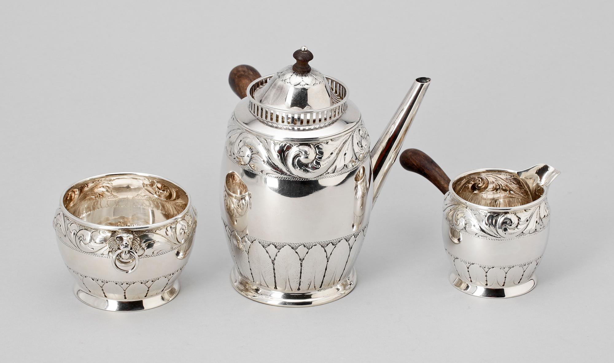 KAFFESERVIS, 3 delar, silver, Sam Petterson AB, Lindköping 1932. Tot vikt 600 g.