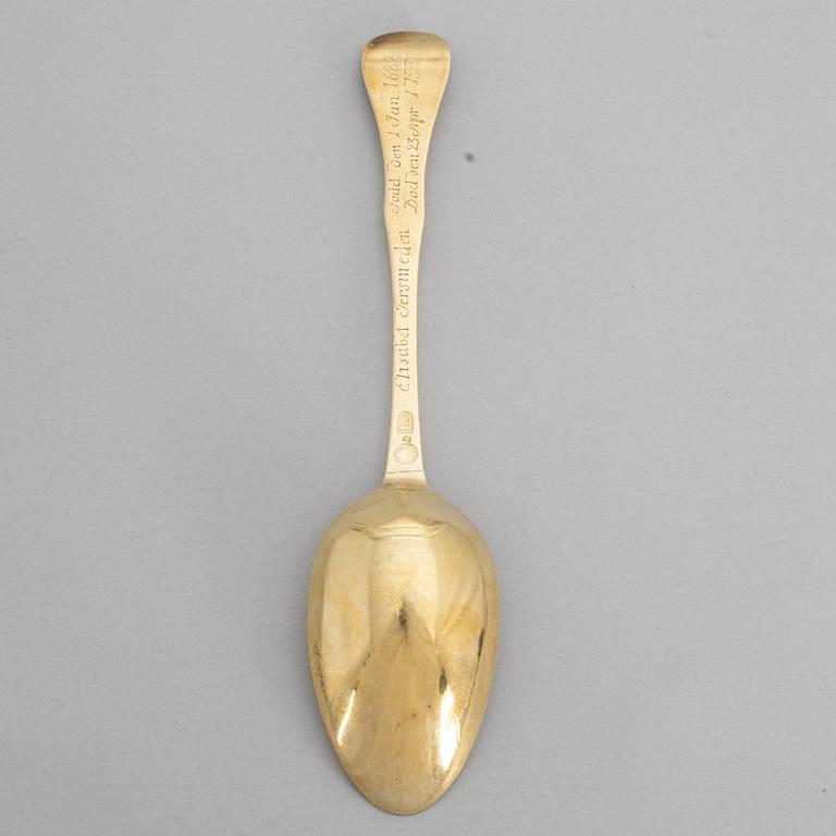A Swedish 18th Century parcel-gilt large silver spoon, mark of Joachim Dyring, Hedemora 1751-1773 (1796)).