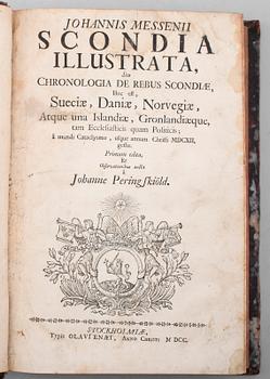 JOHANNES MESSENIUS, 2 vol, Scondia Illustrata, Olavi Enaei Stockholm 1700-1703.