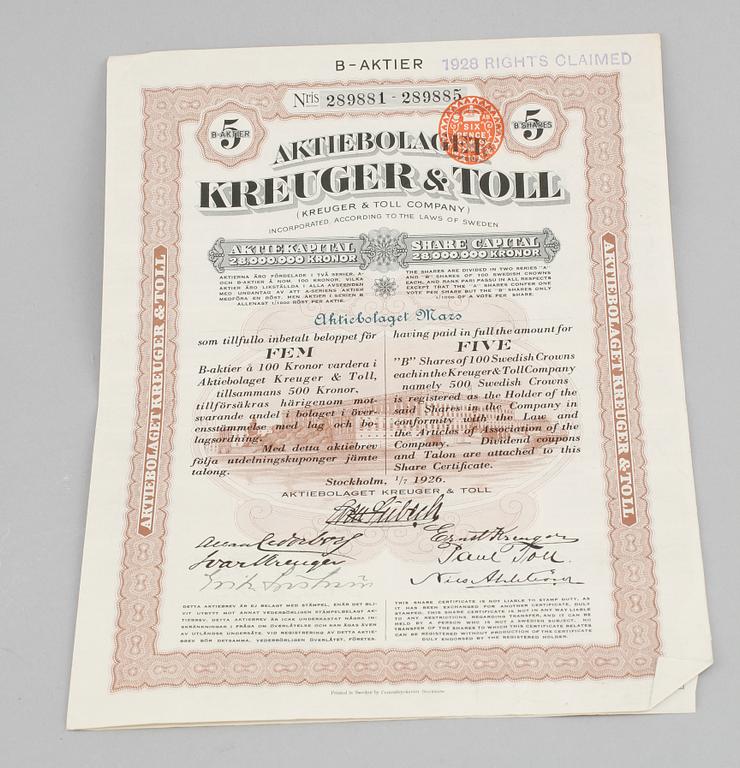 AKTIEBREV, 8 st, samt OBLIGATIONER, 2 st, Sverige, 1900-talets första del.