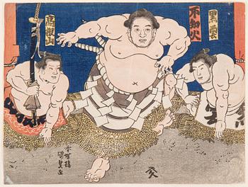 UTAGAWA KUNISADA (1786-1864), färgträsnitt. Japan, 1840-tal. "Yokozuna Shiranui".