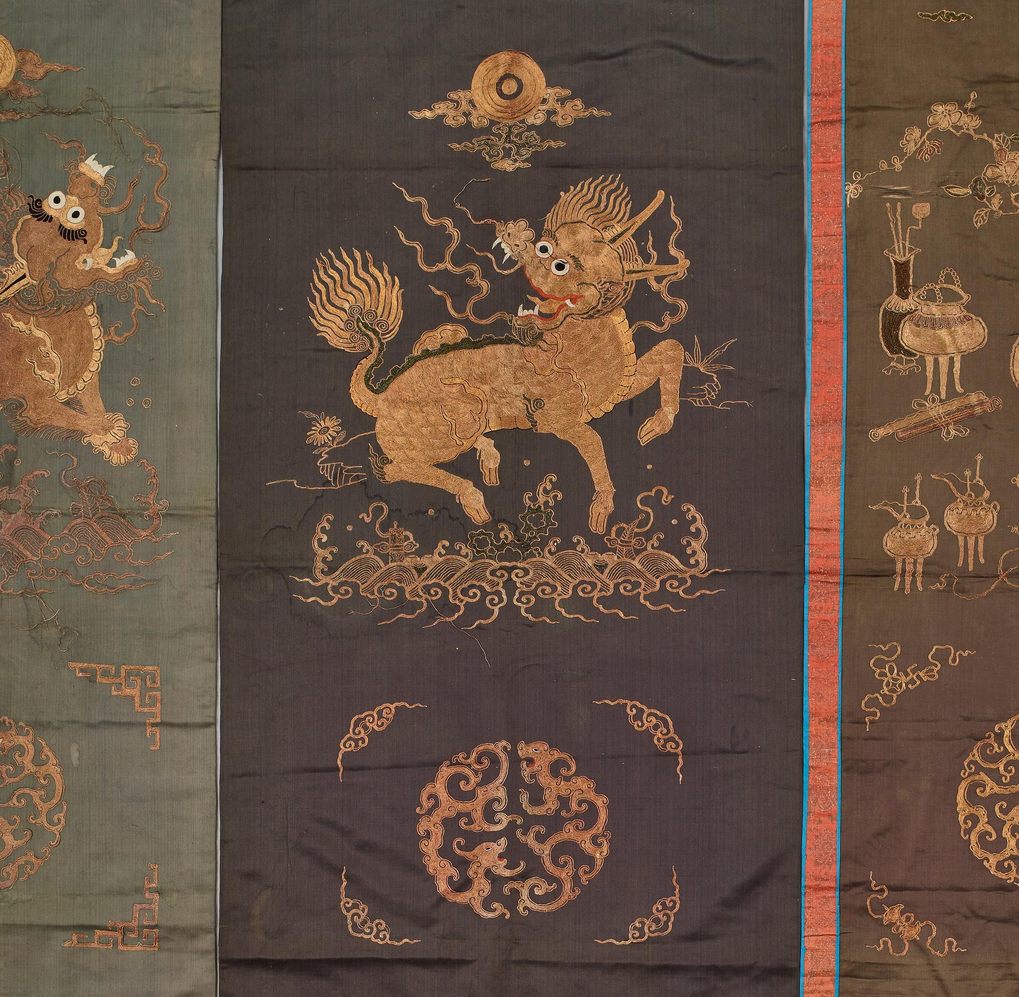 A set of five embroidered silk panels/chair covers, Qing dynasty (1644-1912).