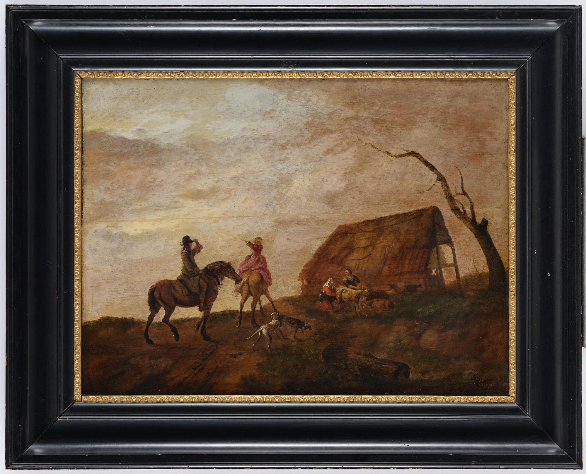 Aelbert Cuyp, circle of, Riding party at a farmhouse.