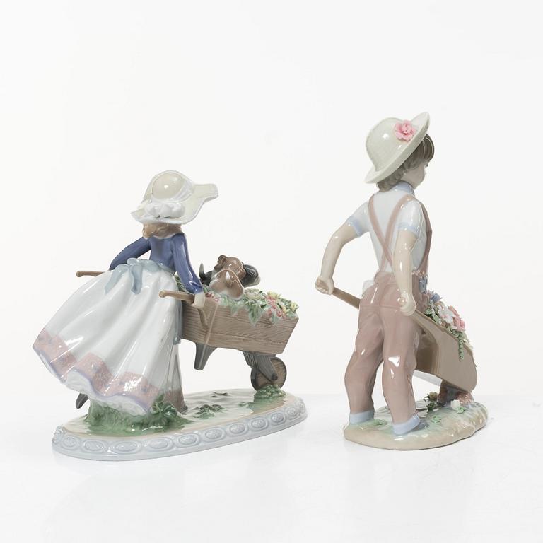 Lladró, 6 figurines, including "Wheelbarrow with flowers", "A barrow of fun", "A walk through blossoms", "Morning melodies".