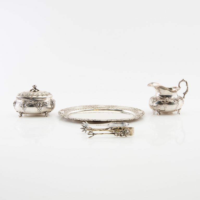 Sugar bowl, cream jug, tray and sugar tongs, 5 dlr silver, Swedish import marks, Rococo style.