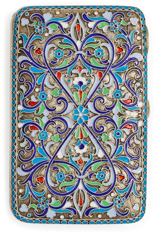 A RUSSIAN SILVER AND ENAMEL CIGARETTE-CASE, unidentified makers mark, Moscow 1899-1908.