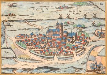 Georg Braun & Franz Hogenberg, stadsvy Lund, handkolorerat kopparstick, Köln 1588.
