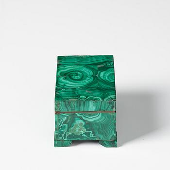 A Russian malachite-veneered box from Yekaterineburg Imperial Lapidary, circa 1900.