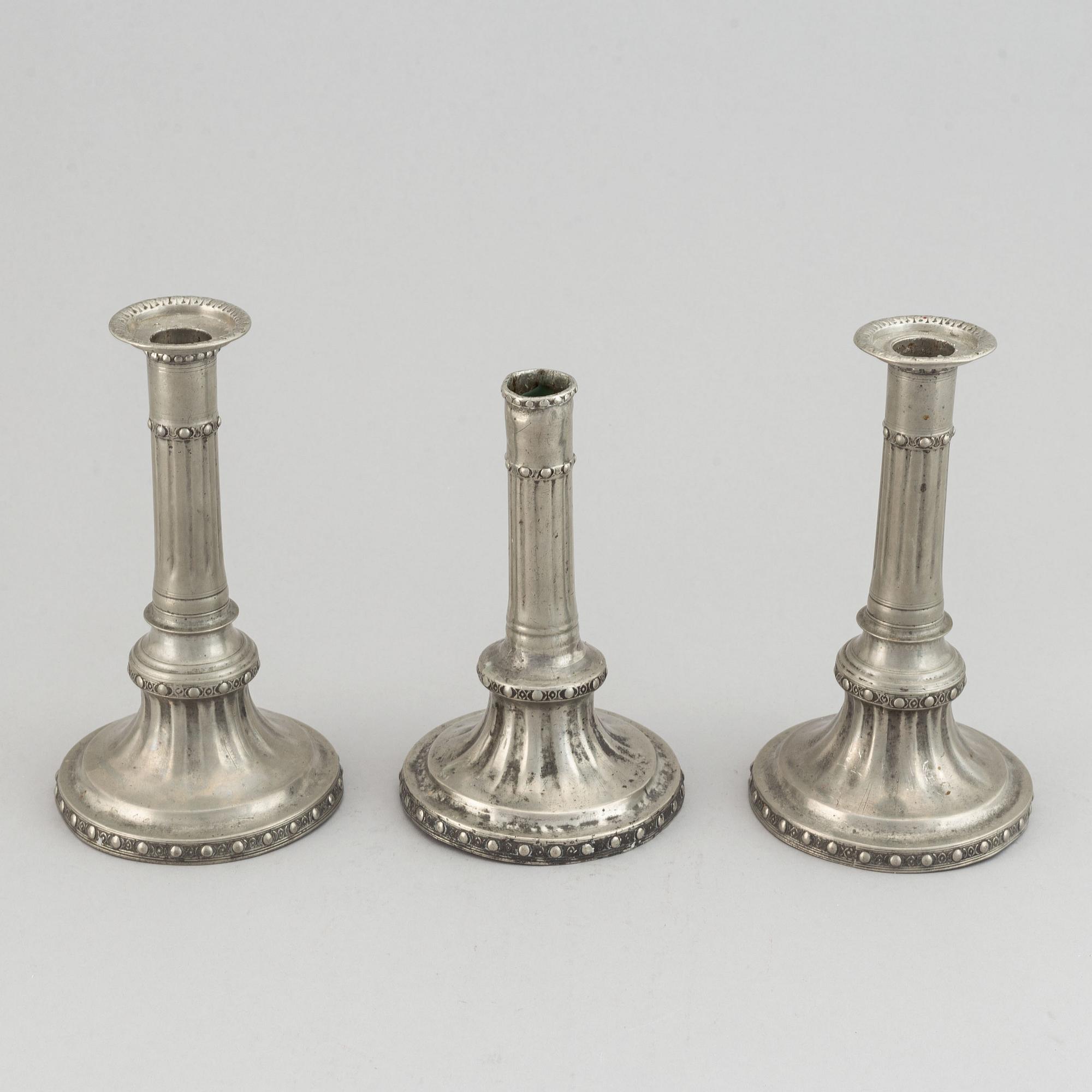 2+1 swedish pewter candlesticks, mark of Martin Gustaf Moberg, Jönköping 1791-93.