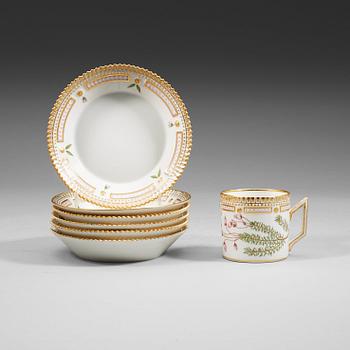 1370. A set of six Royal Copenhagen 'Flora Danica' coffee cups with saucers, Denmark, 20th Century.