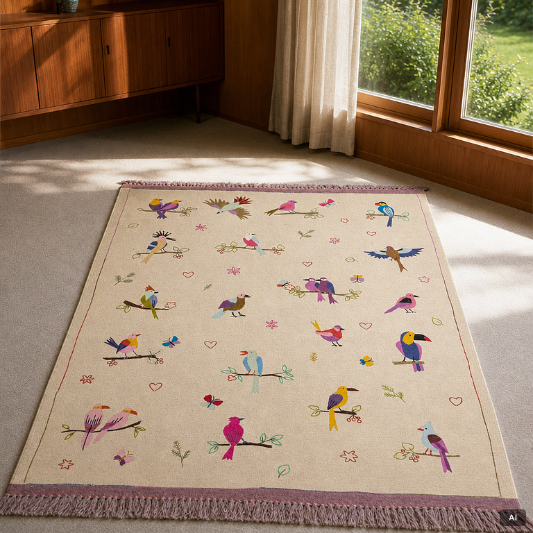 Matta, handbroderad Kelim, ca 227 x 178 cm.
