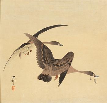 Ohara Koson, 'Four crows in flight', 'Geese and a full moon', 'Wisteria and bee'.