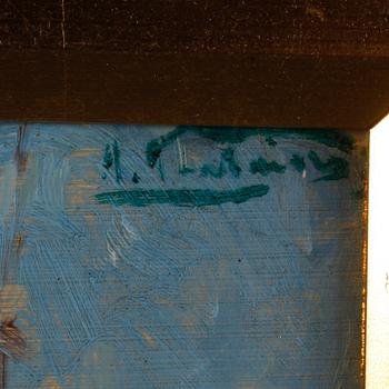 OKÄND KONSTNÄR, olja på masonitpannå, otydligt signerad.