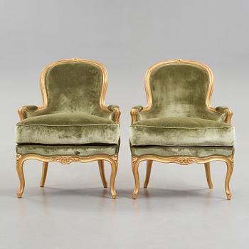 Two bergeres, one by Georges Jacob, Louis XV, the other one later.