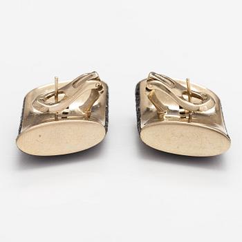 Vhernier, A pair of 18k gold "Fibula" earrings with black diamonds ca. 8.86 ct in total. Milano.