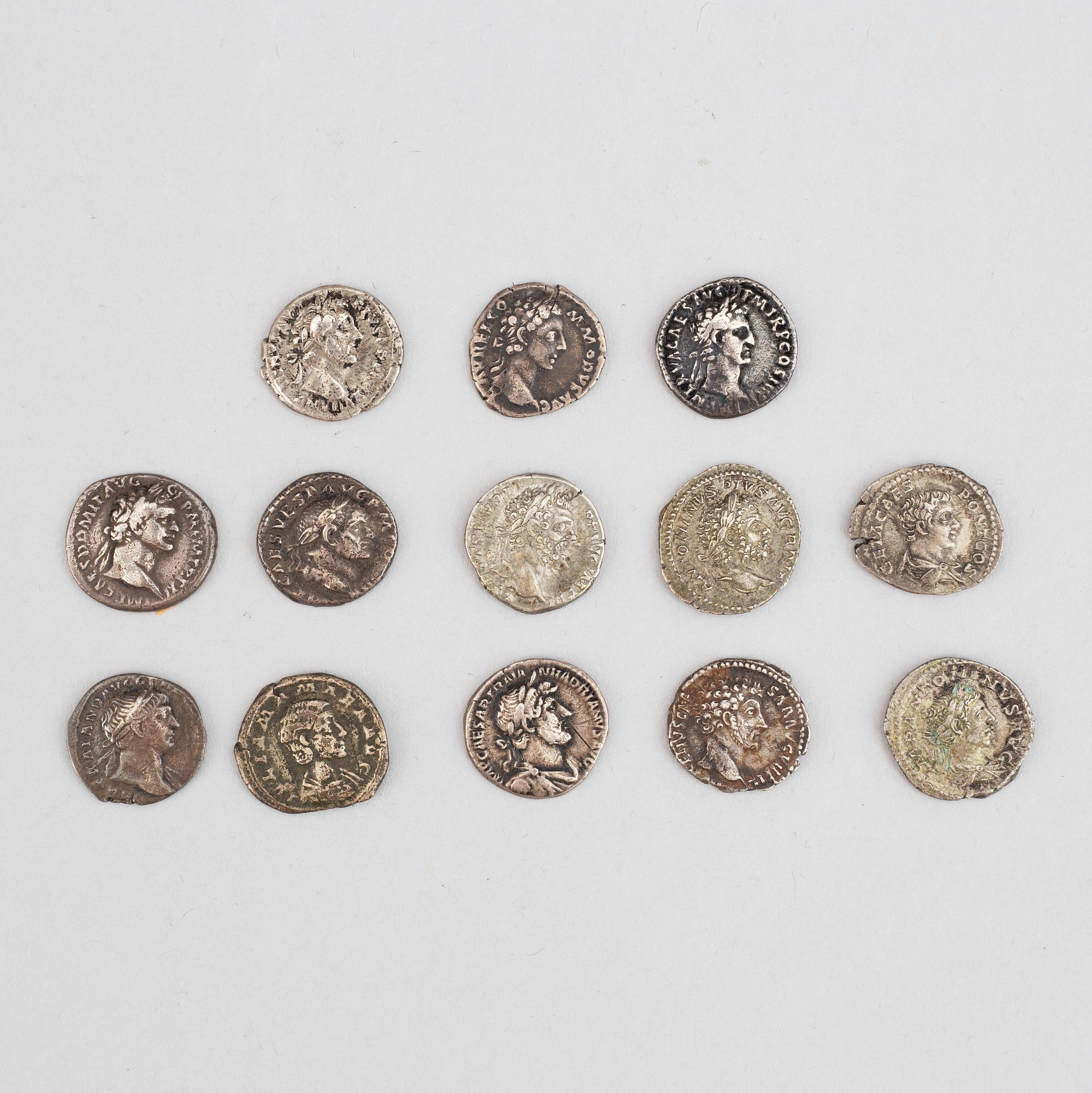 Antika mynt, 19 st romerska brons- och billonmynt från kejsardömet + diverse silver-och bronsmynt främst svenska c 65 st.