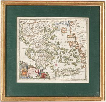 KARTA, handkolorerad etsning, Philipp Cluver, 1600-tal.