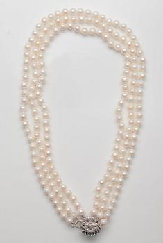 COLLIER, 3 radig akoyapärlor 6 - 6,5 mm. Längd ca 45 cm.