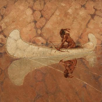 Unknown artist, 19/20th century, Native American fishing with bow from a canoe.