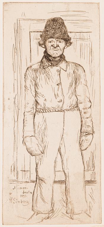 Hugo Simberg, linjeetsning, plåtsignerad och märkt "Niemenlautta 1899".