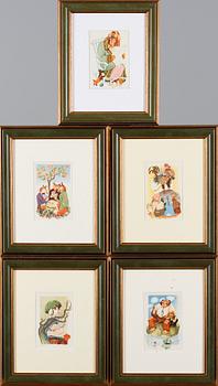 KONSTVYKORT, 5 st, efter Tove Jansson, signerade i trycket, Taidekorttikeskus 1940-tal.