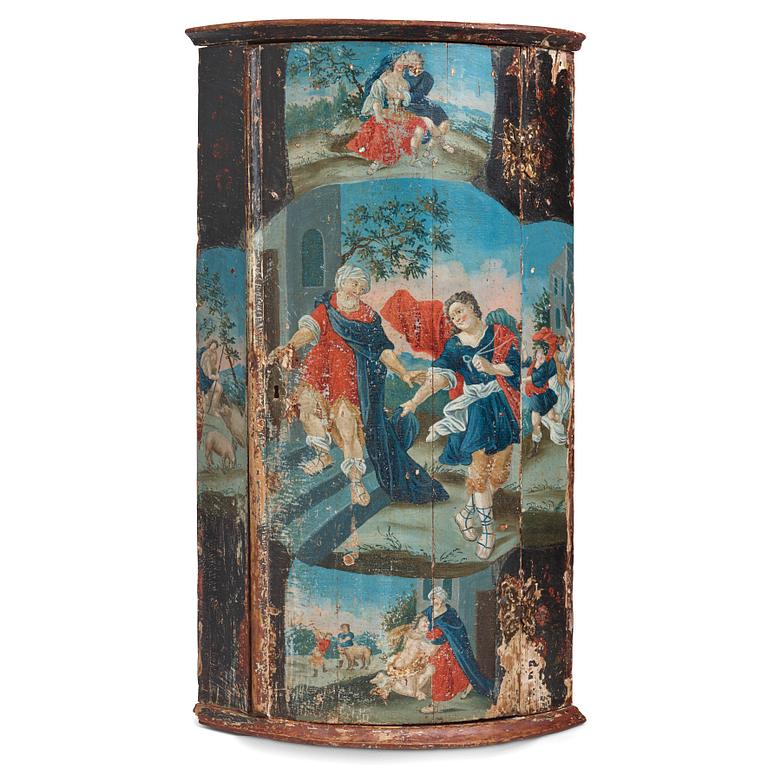 A Swedish late Baroque polychrome-painted corner cabinet, mid 18th century.