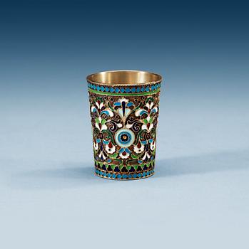 801. A Russian 20th century silver-gilt and enameld vodka beaker, porbably Gustav Klingert, Moscow 1908-1917.