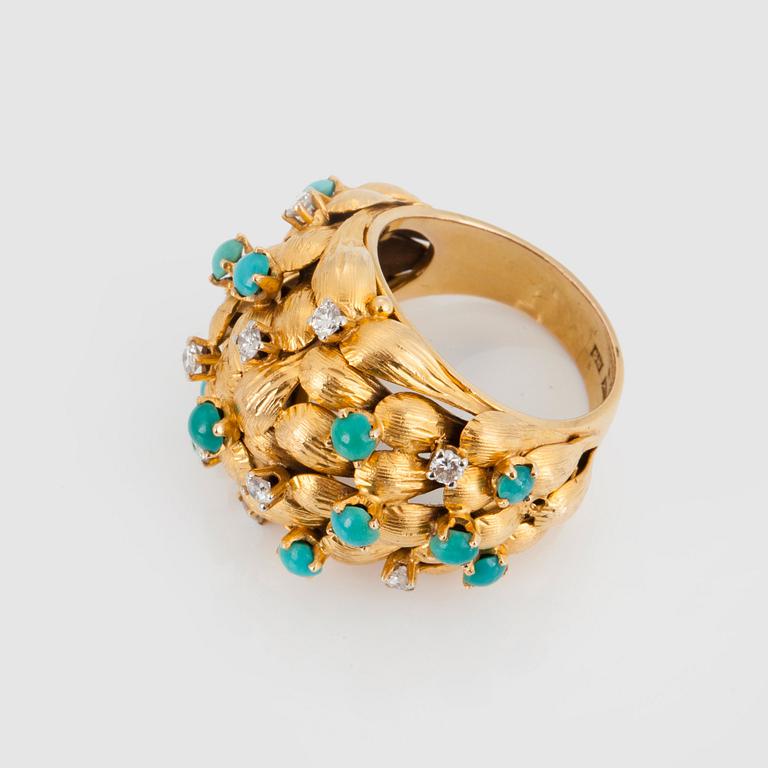 RING med turkoser samt briljantslipade diamanter.