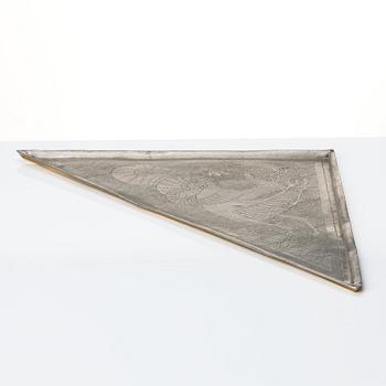 Anna Petrus, a Swedish Grace triangular engraved pewter plated copper tray, executed in her own workshop, Sweden ca 1924.