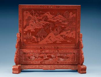 A red lacquer screen and stand, Qing dynasty, 18th Century.