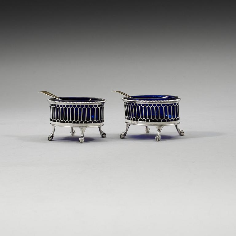 A pair of Swedish 18th century silver and blue glass salts, Sven Pihlgren, Jönköping 1798.