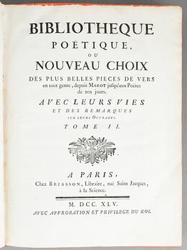 BIBLIOTHEQUE POETIQUE OU NOUVEAU CHOIX.., 4 vol, I-IV, Paris 1745.