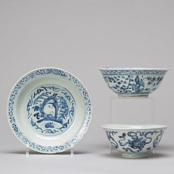 A group of three blue and white bowls, Ming dynasty (1368-1644).