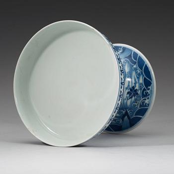 A blue and white dragons tazza, Qing dynasty, Qianlongs mark.