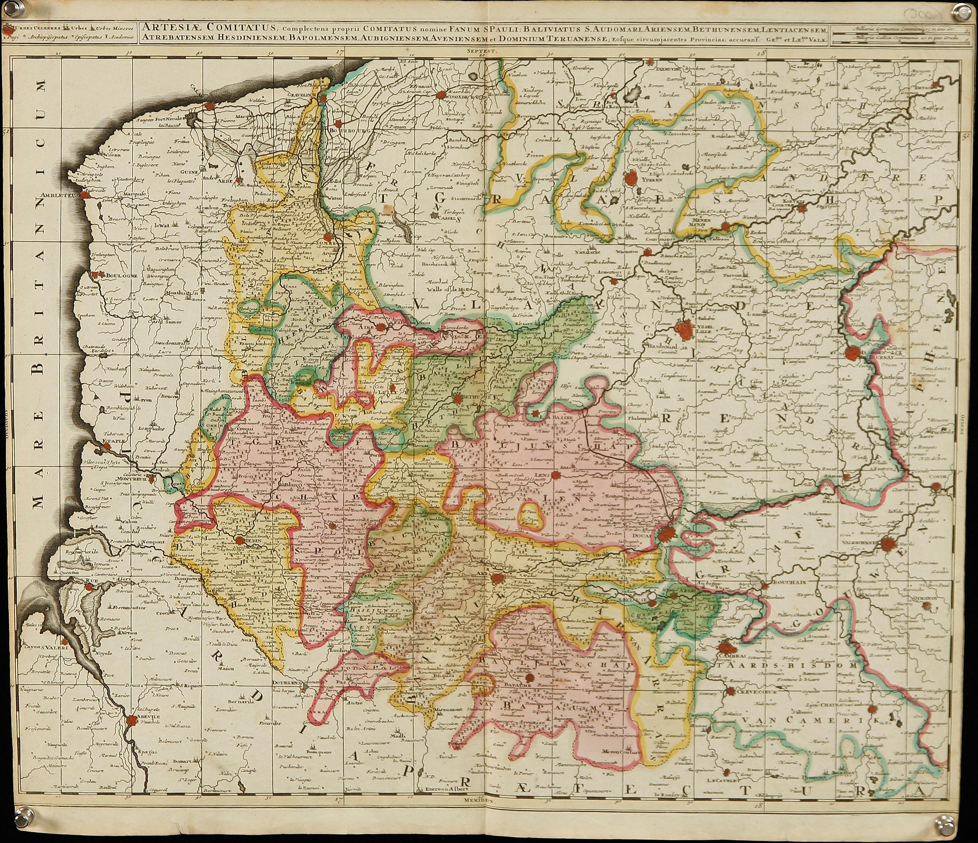 KARTA, kolorerad. "Artesiae Comitatus". 1700-tal.