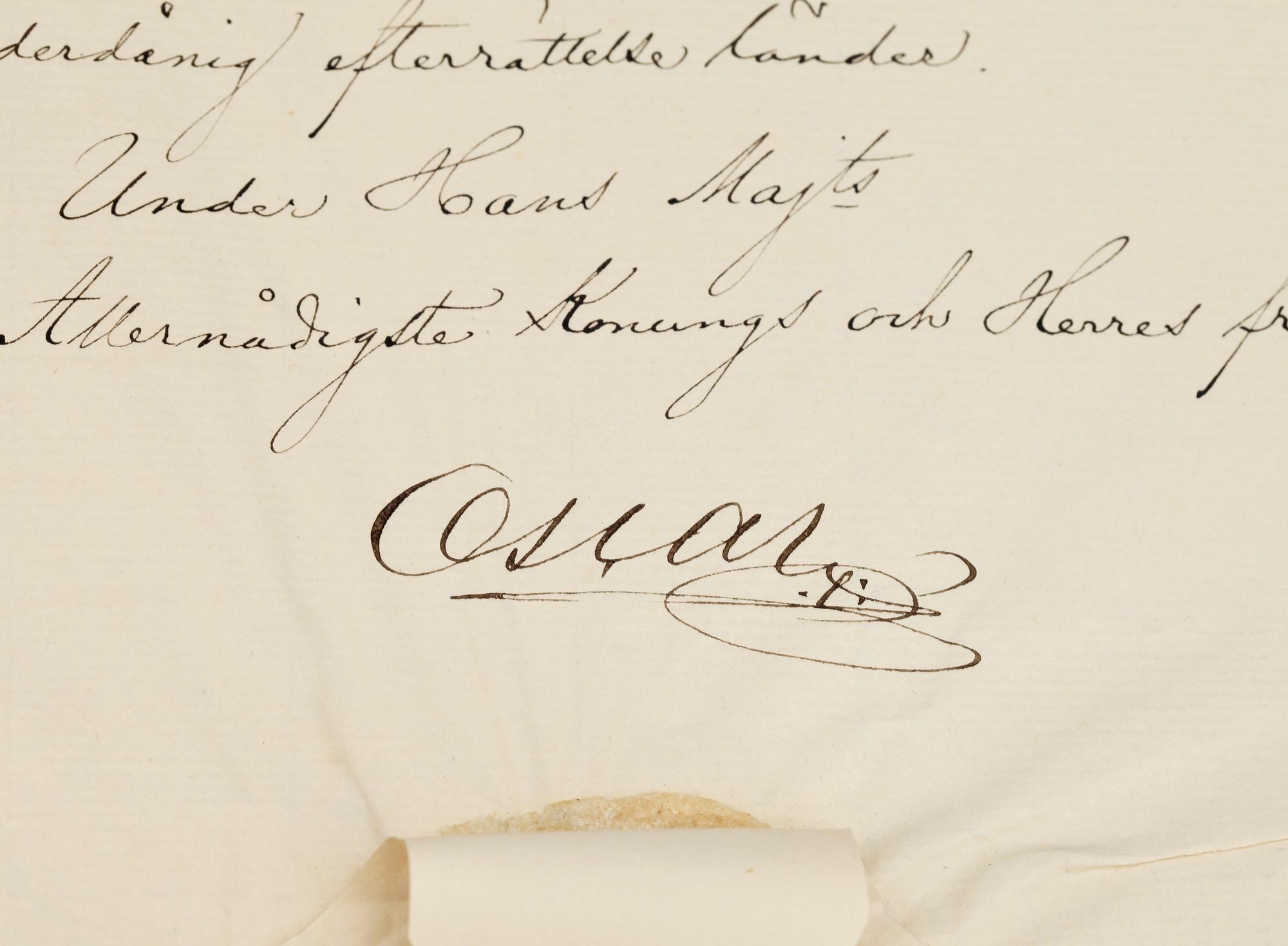 KUNGLIGA AUTOGRAFER, 2 st, av Konung Oscar II i egenskap av riksföreståndare resp Konung Gustav V, dat 1867 resp 1911.