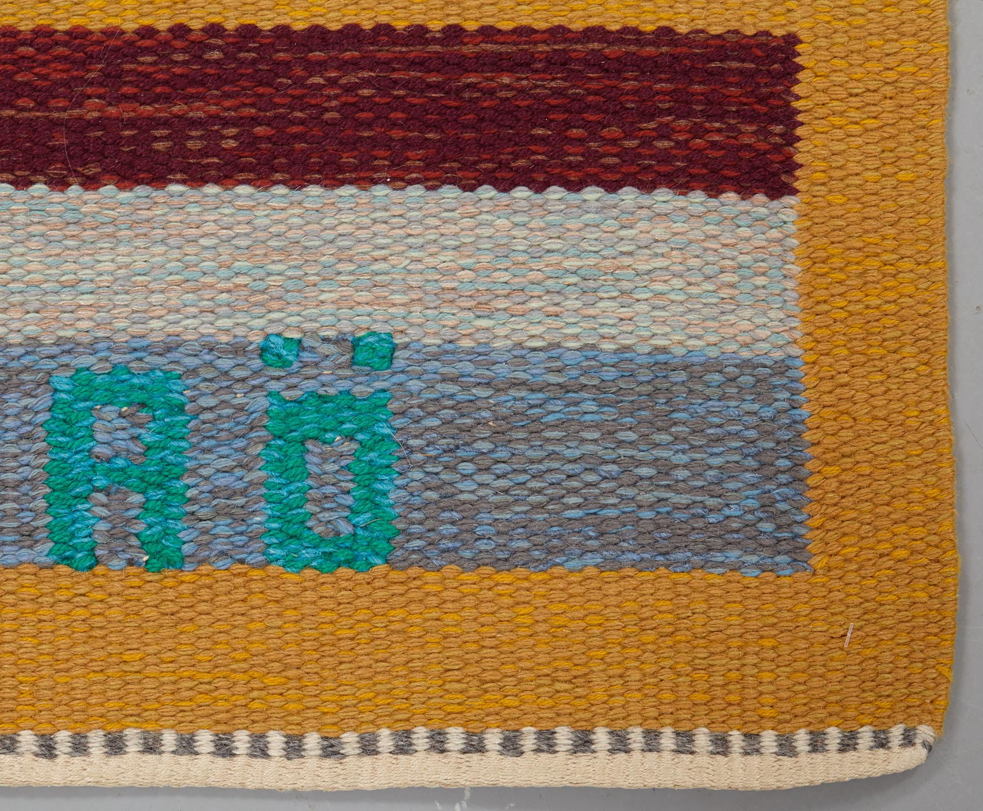 Agda Österberg, MATTA, rölakan, ca 160 x 125 cm, invävd signatur AÖ på framsidan och broderat AGDA ÖSTERBERG på baksidan.