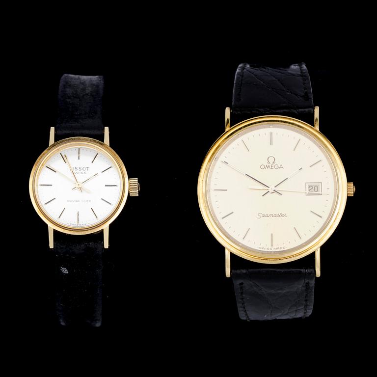 ARMBANDSUR, 2st, 18k guld, Omega  Seamaster och Tissot Seastar Seven. 1970/80-tal.