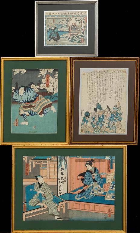 TRÄSNITT, 4 st,  bland annat Utagawa Kunisada, Japan, 1800/1900-tal.