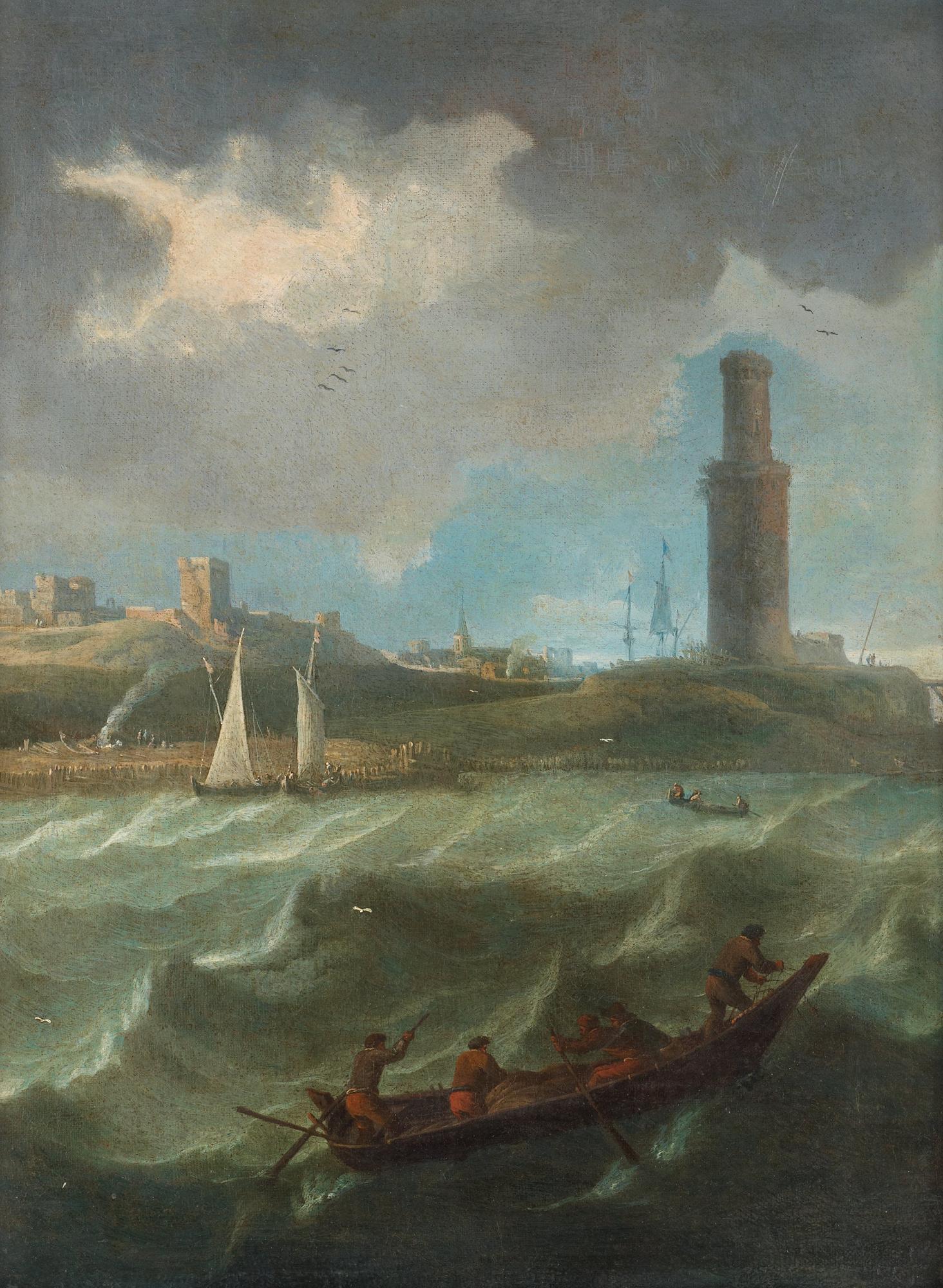 Simon Jacobsz. De Vlieger Tillskriven, Upprört hav med fiskare i båt.