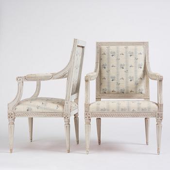 A pair of Gustavian open armchairs by J. Lindgren (master in Stockholm 1770-1800).